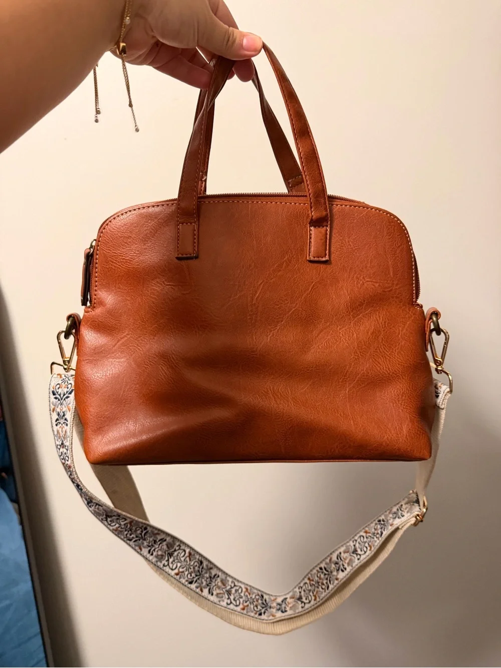 b.o.c. Tan Faux-Leather & Straw-Panel Satchel